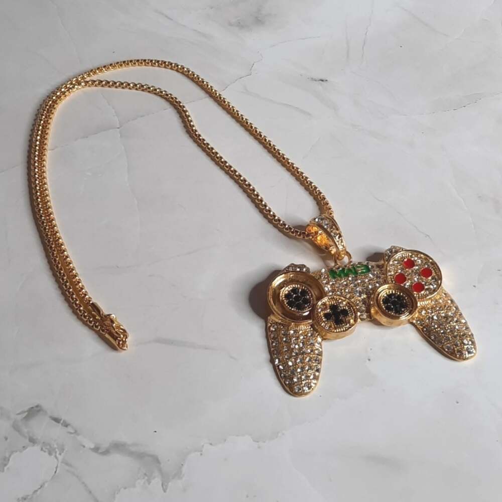 Gold & Crystal Game Controller Pendant Necklace